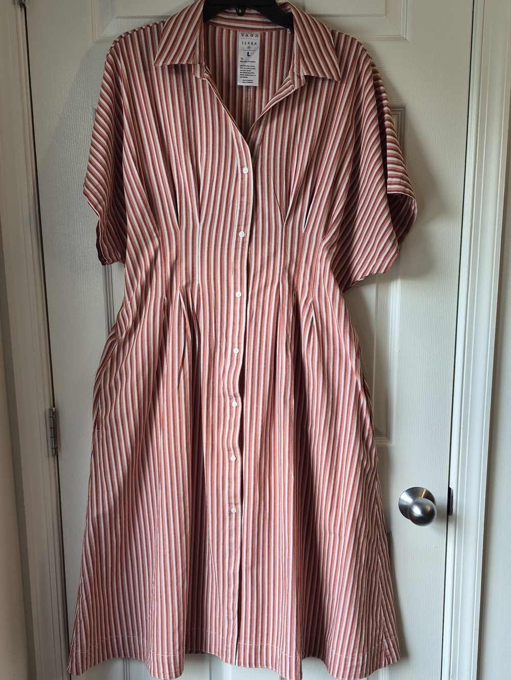 Serra Striped Button-Front Midi Dress in Rust and White